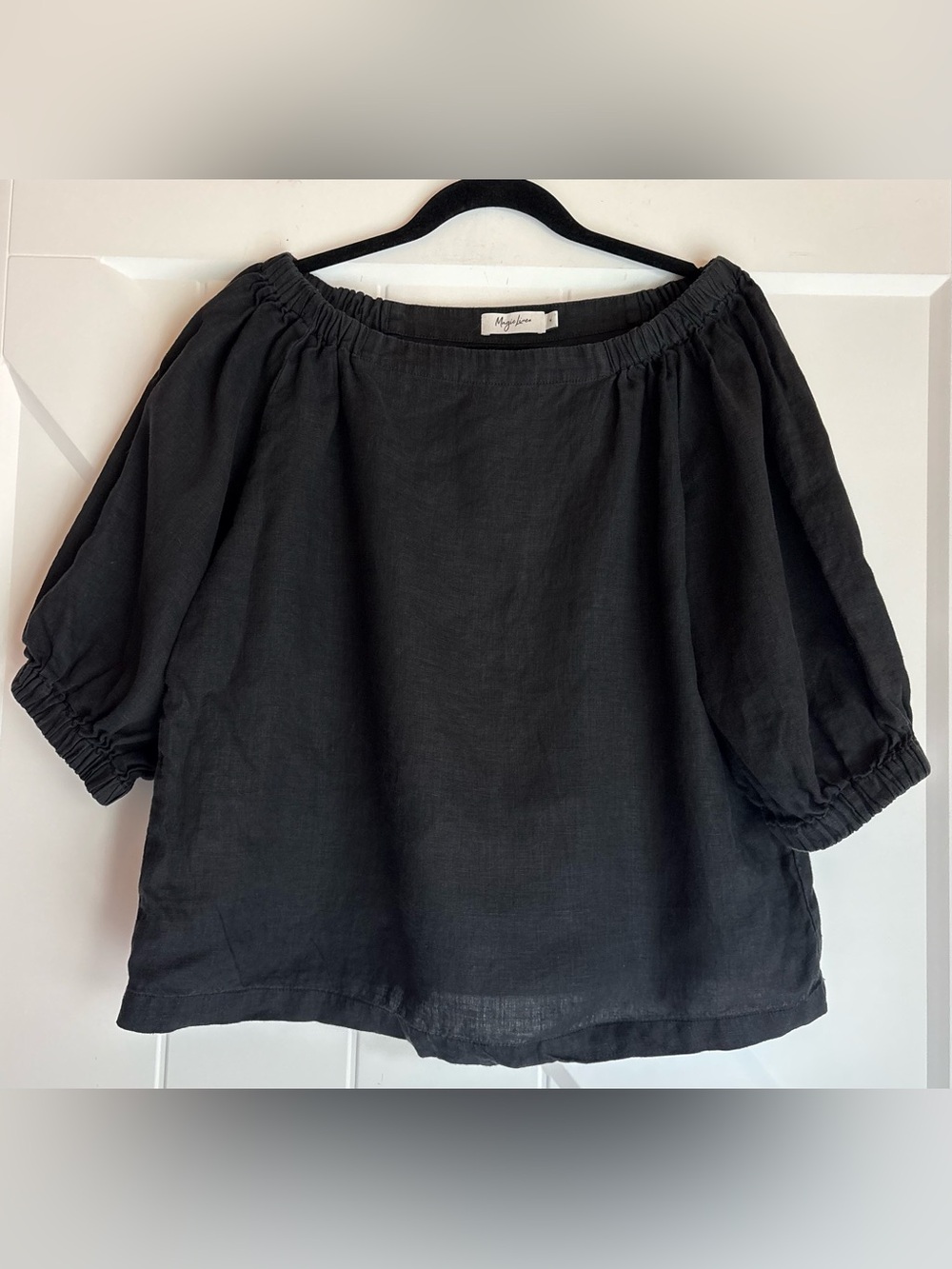 Magic Linen Black Linen Peasant Top Balloon Sleeve M